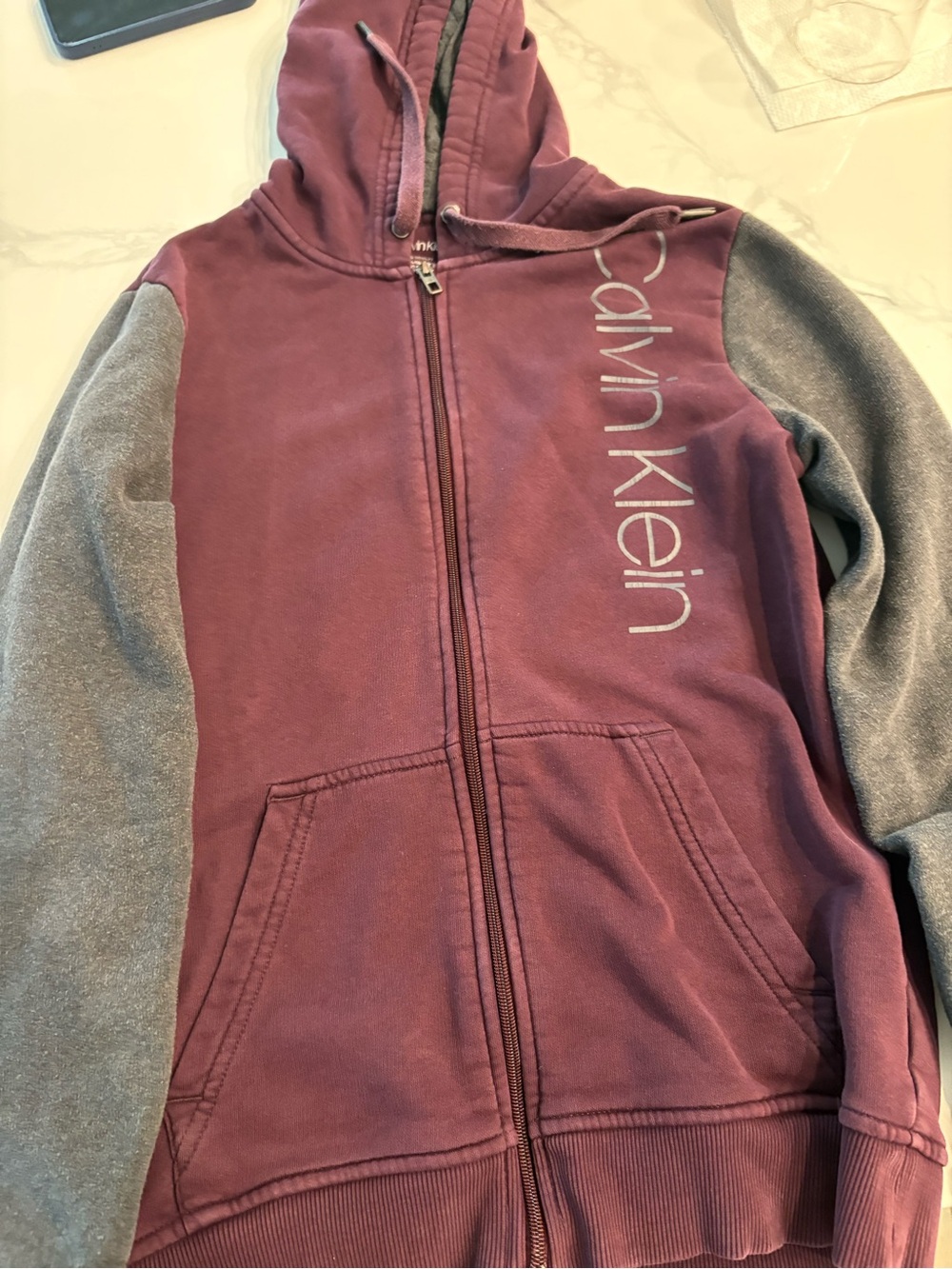 Calvin Klein Maroon Full-Zip Hoodie with Gray Sleeves